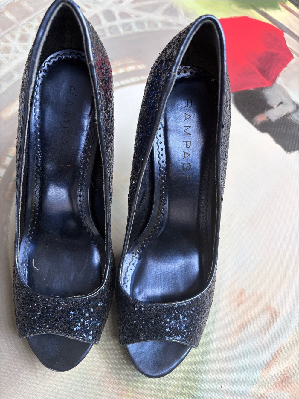 Rampage Black Glitter Peep-Toe Heels